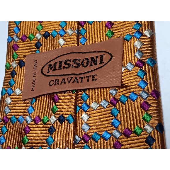 Mens Designer Missoni Cravatte Silk Neck Tie Gold Multicolor Embroidered Italy - Picture 2 of 11